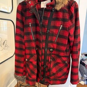 American Rag Medium Red, Black, Fur hooded coat.  Brand new condition